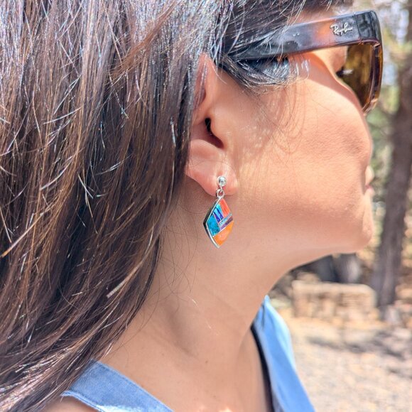 Handcrafted Navajo Multi Stone Inlay Dangle Sterling Silver Earrings Southwest** - Picture 7 of 10